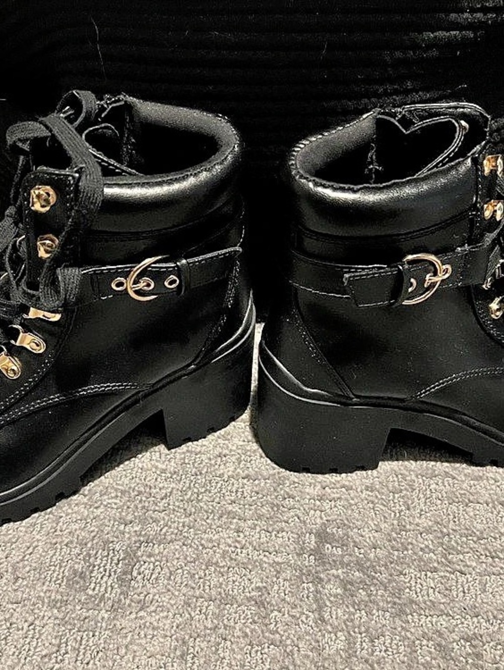Black Combat Boots Gold-Tone Hardware  New - Picture 2 of 5